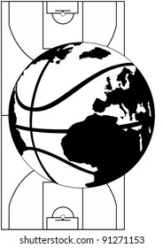 Basketball against a background of sports grounds for basketball. Black and white illustration.