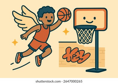 Basketball Angel Soaring for the Slam Dunk
