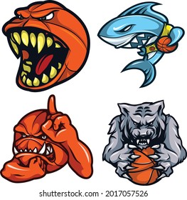 basketball animal logo mascot pack. shark, wolf, and two furious ball vector 