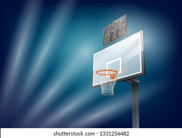 Basketball Arena Background With Realistic Basketball Stand And Bright Flash Lights. Vector Illustration