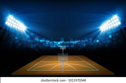 Basketball arena field with bright stadium lights design. Vector illumination