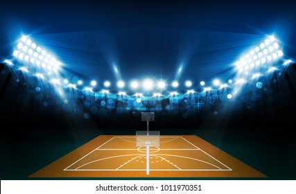 Basketball Arena Field With Bright Stadium Lights Design. Vector Illumination