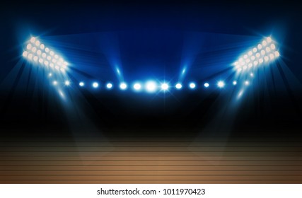 Basketball Arena Field With Bright Stadium Lights Vector Design. Vector Illumination