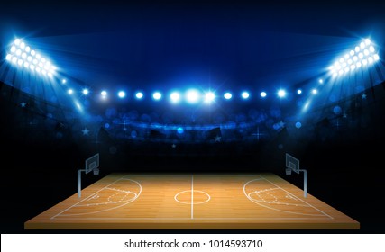 Basketball Arena Field With Bright Stadium Lights Design. Vector Illumination