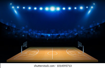 Basketballarena-Feld mit hellen Stadionleuchten Design. Vektorbeleuchtung