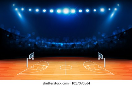 Basketball arena field with bright stadium lights design. Vector illumination