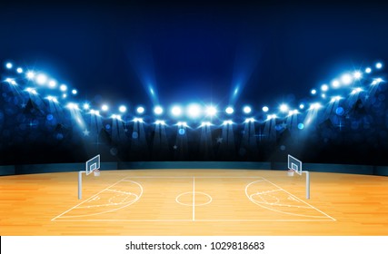 Basketball arena field with bright stadium lights design. Vector illumination