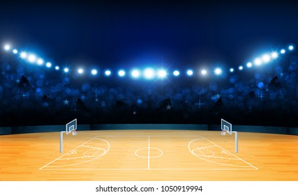 Basketball arena field with bright stadium lights design. Vector illumination