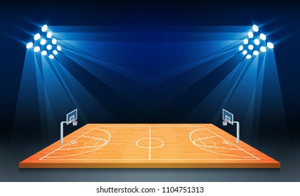 Basketball arena field with bright stadium lights design. Vector illumination