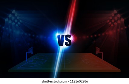 Basketball Arena Field With Bright Stadium Lights Design.match Vs Strategy Broadcast Graphic Template. Vector Illumination