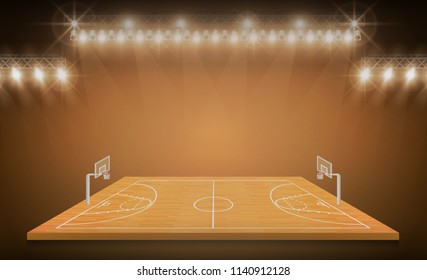 Basketball arena field with bright stadium lights design.match vs strategy broadcast graphic template. Vector illumination