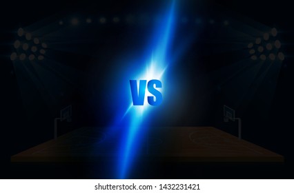 Basketball arena field with bright stadium lights design. Vector illumination