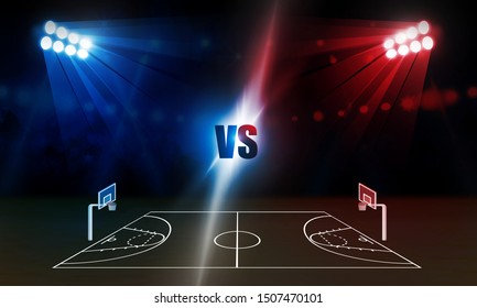 Basketball arena field with bright stadium lights design. Vector illumination