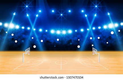 Basketball arena field with bright stadium lights design. Vector illumination