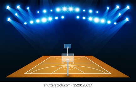 Basketball arena field with bright stadium lights vector design. 
