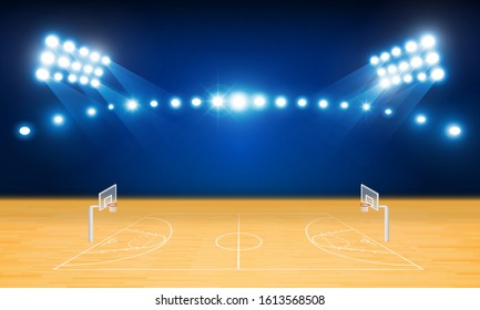 Basketball arena field with bright stadium lights design. Vector illumination