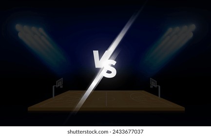 Basketball arena field with bright stadium Versus logo vs letters for sports and fight competition Sport Contest vector design