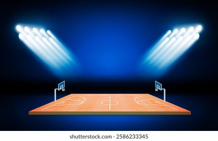 Basketball arena field with bright stadium lights design. Vector illumination