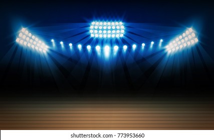 Basketball Arena Field With Bright Stadium Lights Vector Design. Vector Illumination