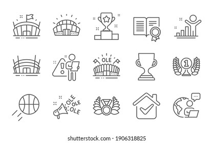 Basketball, Arena stadium and Winner cup line icons set. Ole chant, Sports stadium and Diploma signs. Laureate medal, Arena and Award cup symbols. Winner, Laureate award. Line icons set. Vector