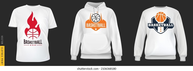 Basketball art print. Set realistic t-shirt, sweatshirt, hoodie base cloth isolated on simple background. Mockup for branding man or woman fashion. Design casual template. 3d vector illustration.