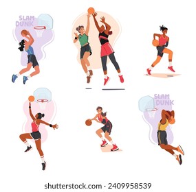 Basketball Athletes Female Character Dribble With Finesse, Executing Precision Passes And Slam Dunks On The Court. Their Synchronized Teamwork And Athleticism Electrify The Stadium, Captivating Fans