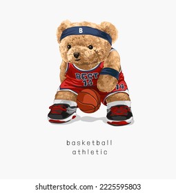 basketball athletic slogan with bear doll basketball player vector illustration