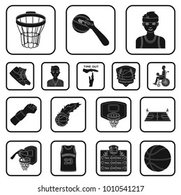 Basketball and attributes black icons in set collection for design.Basketball player and equipment vector symbol stock web illustration.