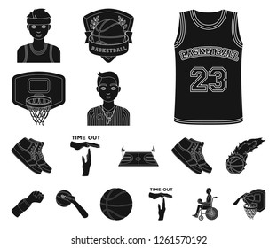 Basketball and attributes black icons in set collection for design.Basketball player and equipment vector symbol stock web illustration.