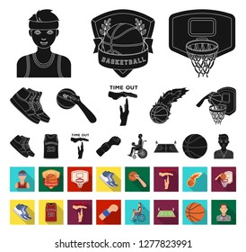 Basketball and attributes black,flat icons in set collection for design.Basketball player and equipment vector symbol stock web illustration.