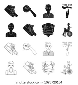Basketball and attributes black,outline icons in set collection for design.Basketball player and equipment vector symbol stock web illustration.
