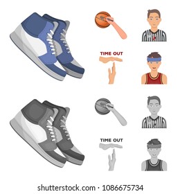 Basketball and attributes cartoon, monochrome icons in set collection for design. Basketball player and equipment vector symbol stock web illustration.