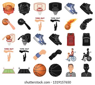 Basketball and attributes cartoon,black icons in set collection for design.Basketball player and equipment vector symbol stock web illustration.