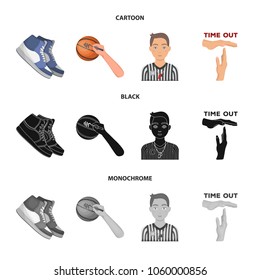 Basketball and attributes cartoon,black,monochrome icons in set collection for design.Basketball player and equipment vector symbol stock web illustration.