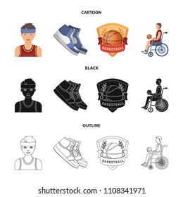 Basketball and attributes cartoon,black,outline icons in set collection for design.Basketball player and equipment vector symbol stock web illustration.