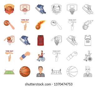 Basketball and attributes cartoon,outline icons in set collection for design.Basketball player and equipment vector symbol stock web illustration.