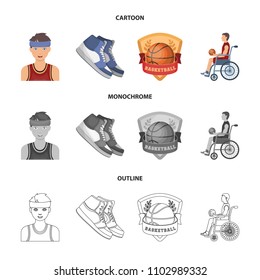 Basketball and attributes cartoon,outline,monochrome icons in set collection for design.Basketball player and equipment vector symbol stock web illustration.