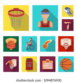 Basketball and attributes flat icons in set collection for design.Basketball player and equipment vector symbol stock web illustration.