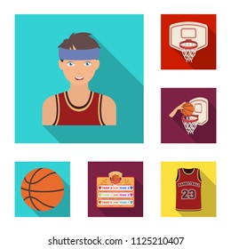 Basketball and attributes flat icons in set collection for design. Basketball player and equipment vector symbol stock web illustration.