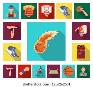 Basketball and attributes flat icons in set collection for design.Basketball player and equipment vector symbol stock web illustration.
