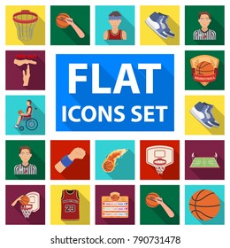 Basketball and attributes flat icons in set collection for design.Basketball player and equipment vector symbol stock web illustration.