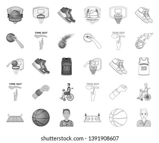 Basketball and attributes mono,outline icons in set collection for design.Basketball player and equipment vector symbol stock web illustration.