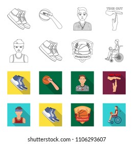 Basketball and attributes outline,flat icons in set collection for design.Basketball player and equipment vector symbol stock web illustration.