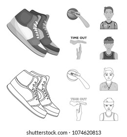 Basketball and attributes outline,monochrome icons in set collection for design.Basketball player and equipment vector symbol stock web illustration.