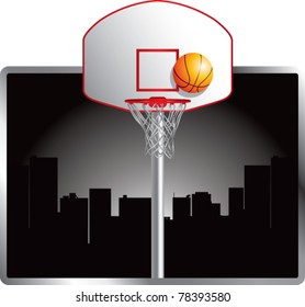 Basketball backboard and hoop in the city