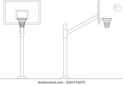  Basketball backboard, ring and net (basket), ball - Side and front elevation