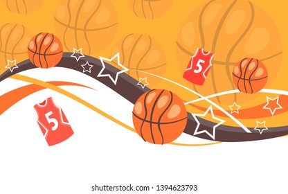 Basketball background banner vector illustration. Active kind of sport. Playing game with ball. T-shirt with number as uniform. Training with equipment. Recreation and leisure.