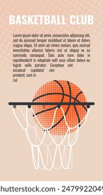 Basketball background design with ball, hoop and text. Colorful illustration for flyers, banners, web and print. Sport, team play concept. Vector flat modern illustration isolated. 