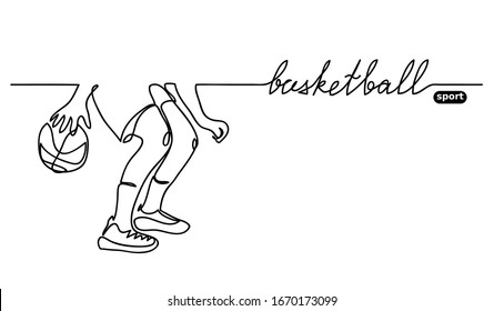 Basketball background simple vector sketch with lettering basketball sport.One continuous line drawing.