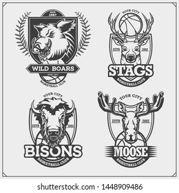 Basketball badges, labels and design elements. Sport club emblems with deer, bison, elk and wild boar. Print design for t-shirts.
